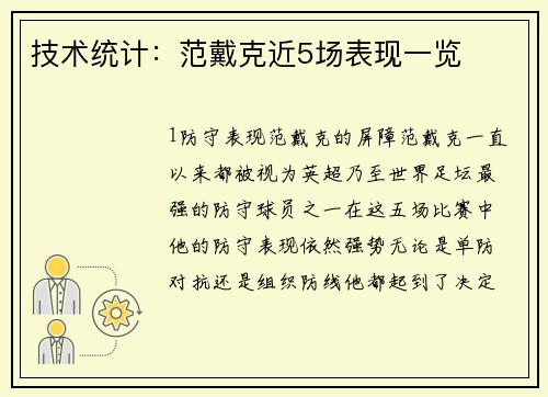 技术统计：范戴克近5场表现一览